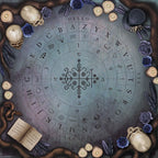 Circular design with alphabet, numbers, and symbols surrounded by candles, skulls, and flowers on a dark background.