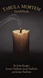 Candle with smoke on a dark background, featuring the title 'Tabula Mortem Guidebook' and authors' names.