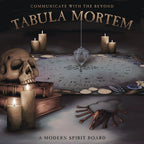 Promotional image for 'Tabula Mortem' with a skull, candles, and a spirit board on a dark background.