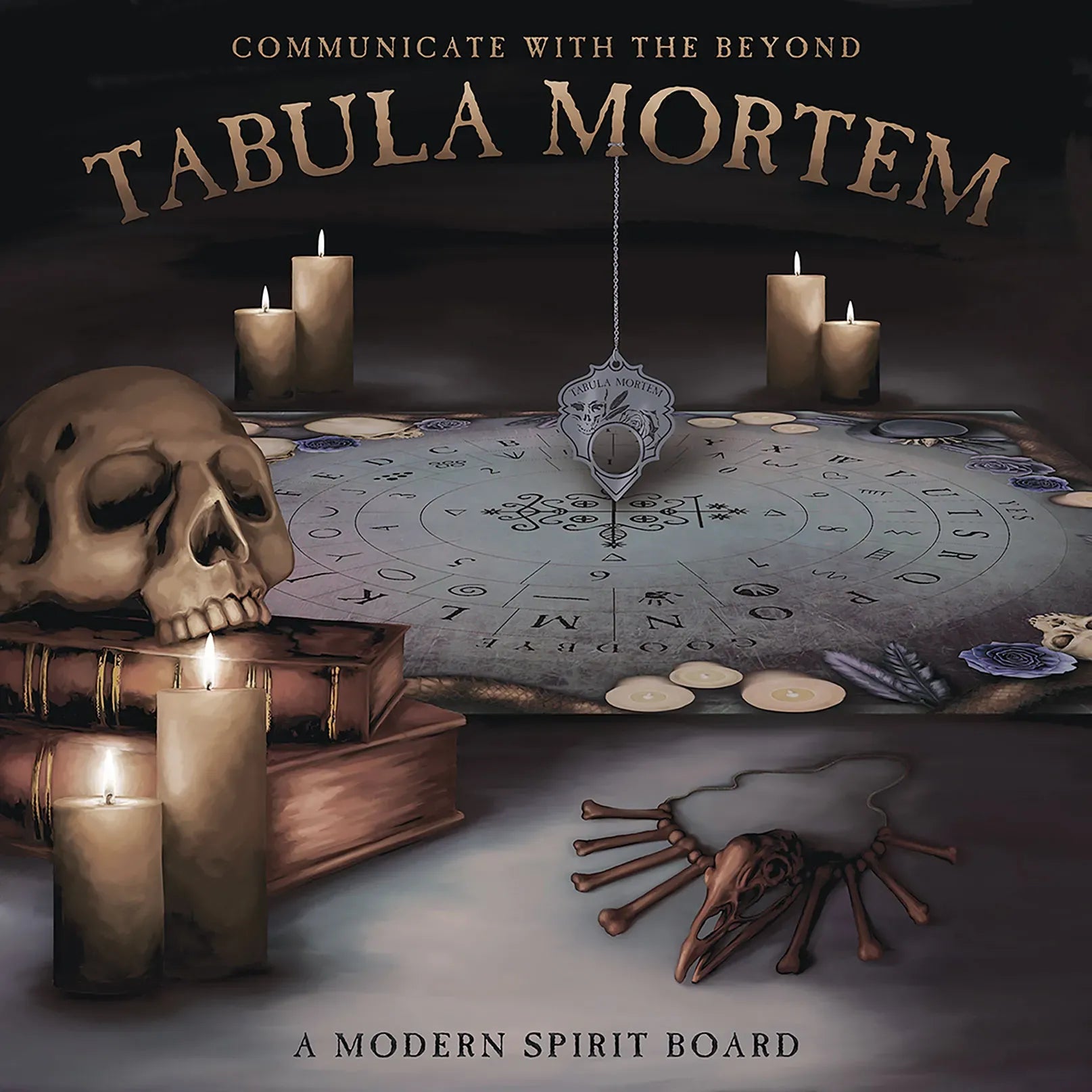 Promotional image for 'Tabula Mortem' with a skull, candles, and a spirit board on a dark background.