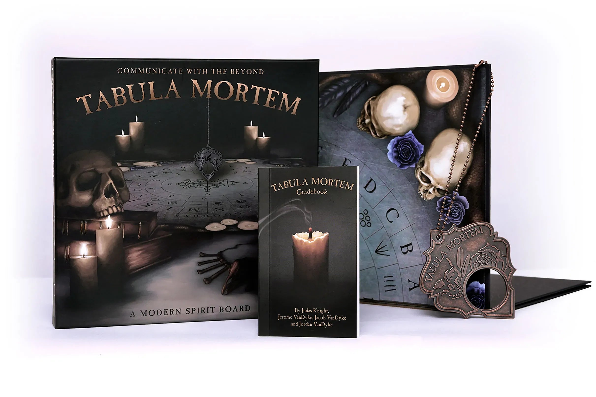 Tabula Mortem game set with packaging, cards, and decorative elements on a white background