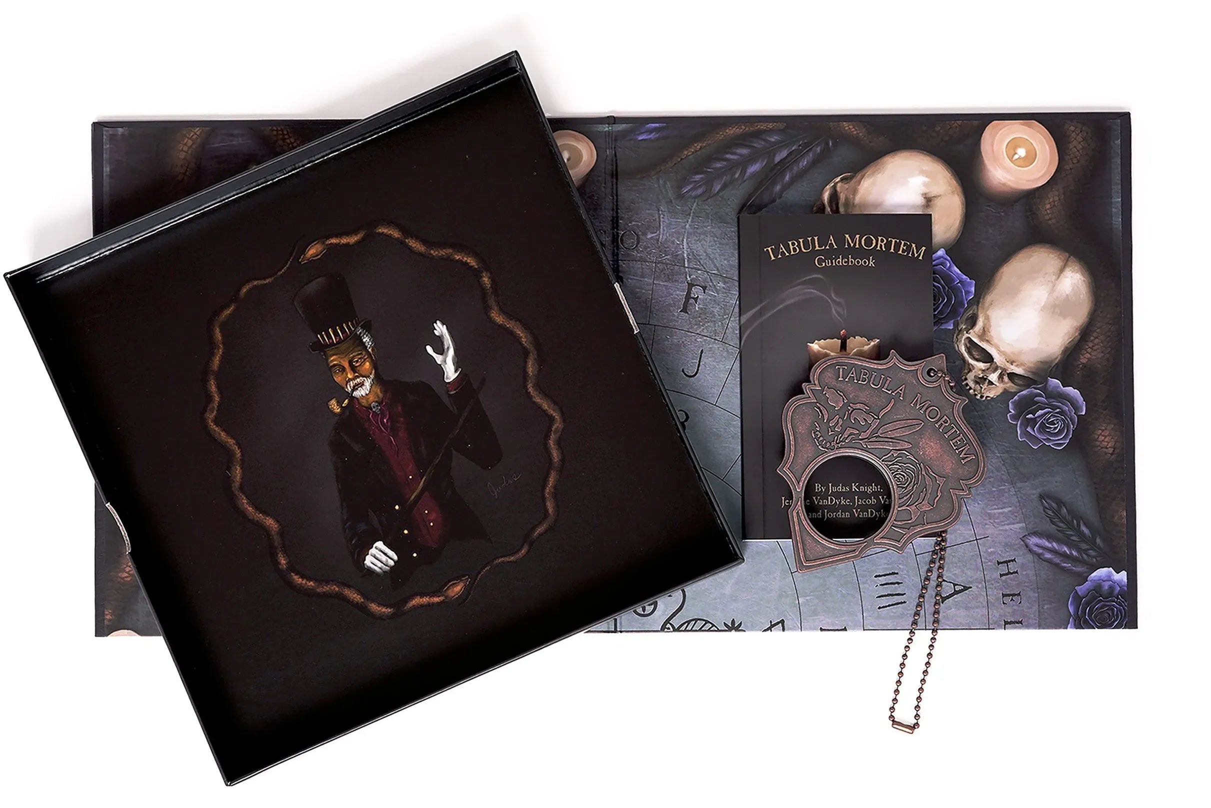 Gothic-themed product packaging with a character design and decorative elements.