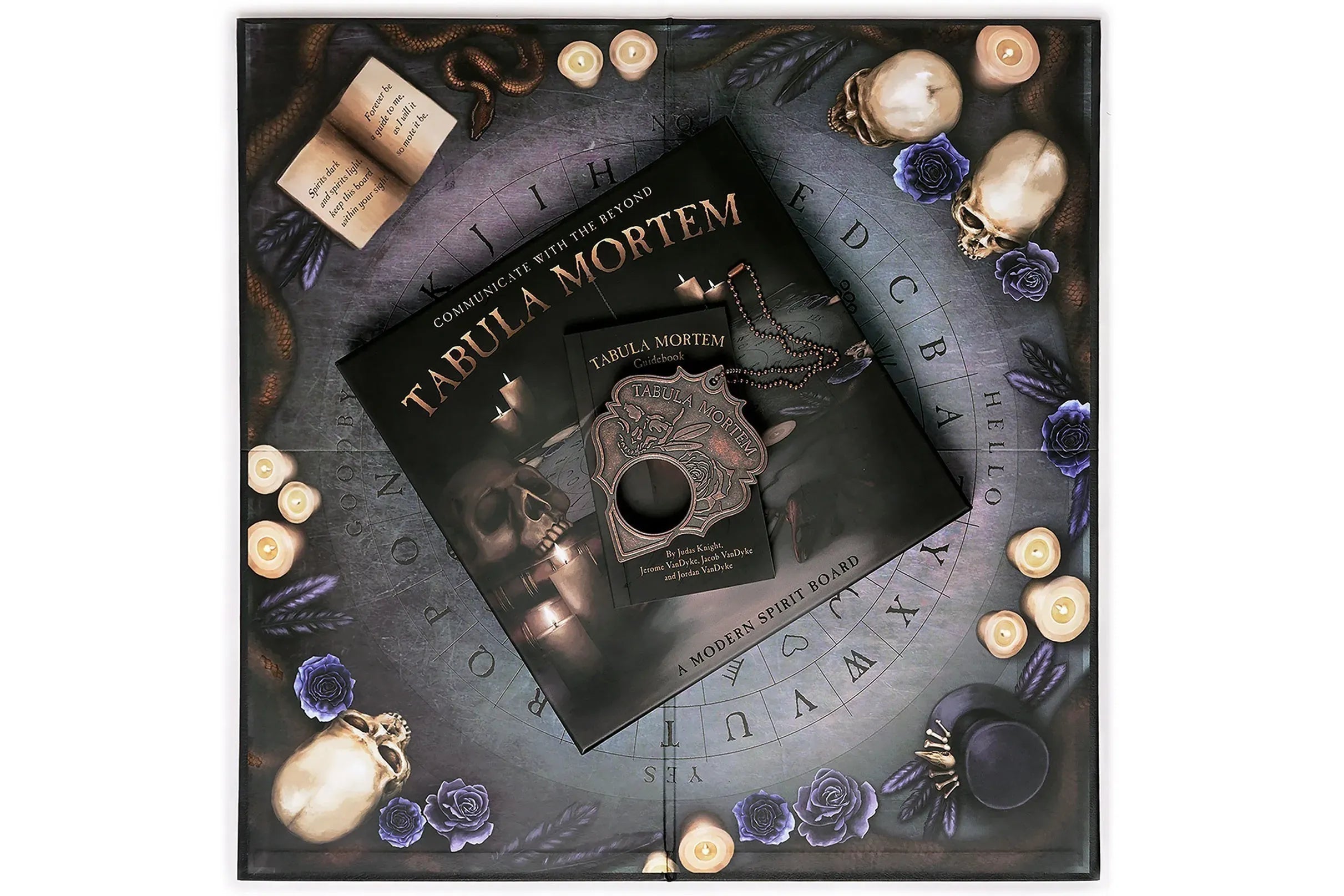 Product packaging for 'Tabula Mortem' with decorative elements on a dark background