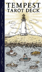 Cover of 'Tempest Tarot Deck' with a lighthouse and people in boats on a beach.