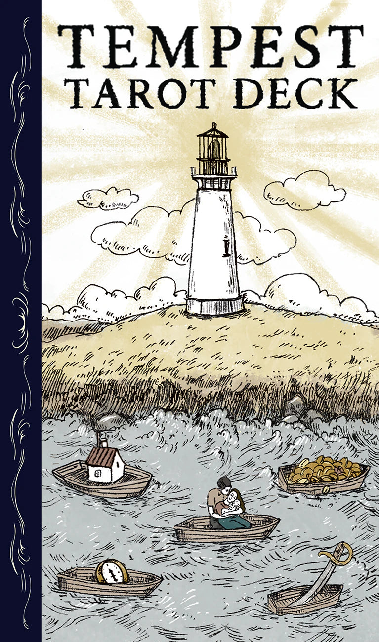 Cover of 'Tempest Tarot Deck' with a lighthouse and people in boats on a beach.