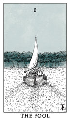 Illustration of a sailboat on water with 'The Fool' at the bottom, resembling a tarot card.