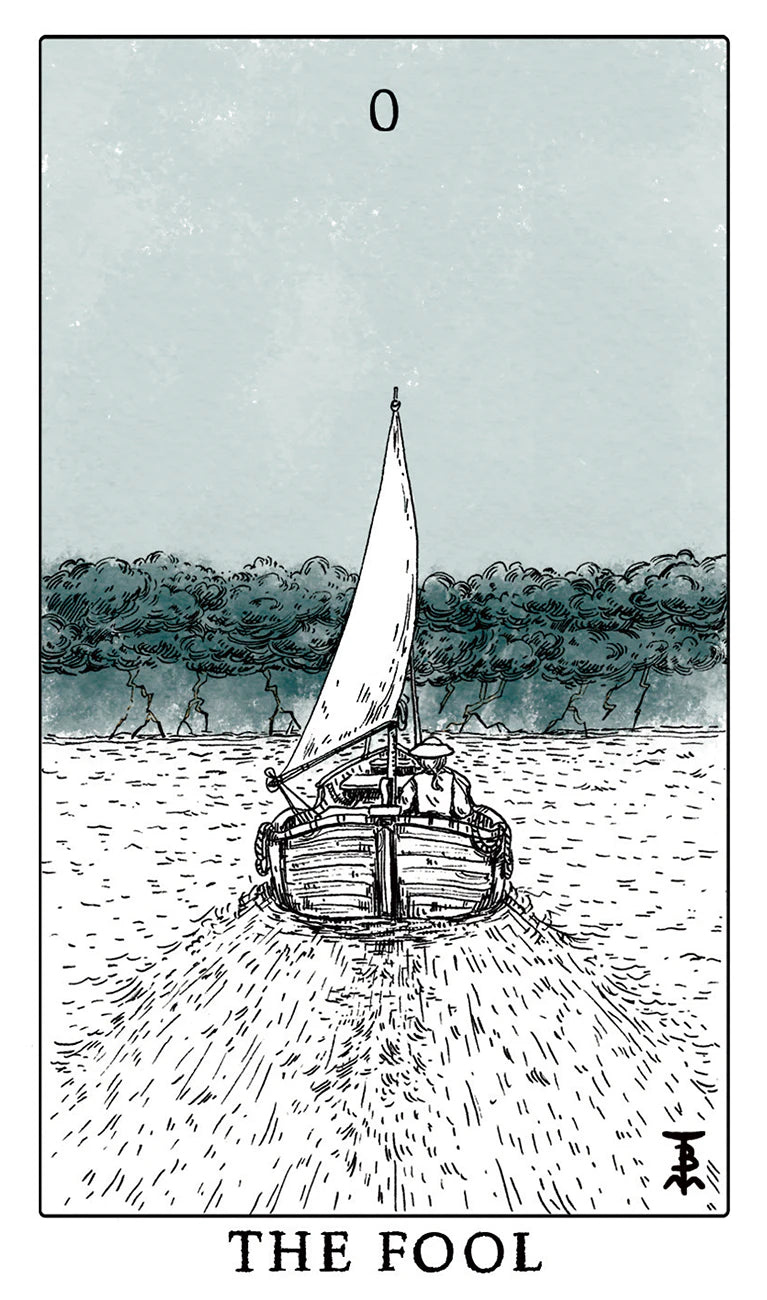 Illustration of a sailboat on water with 'The Fool' at the bottom, resembling a tarot card.