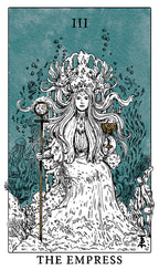 Tarot card featuring 'The Empress' with a woman in a flowing dress and long hair, holding a scepter, against a teal background.