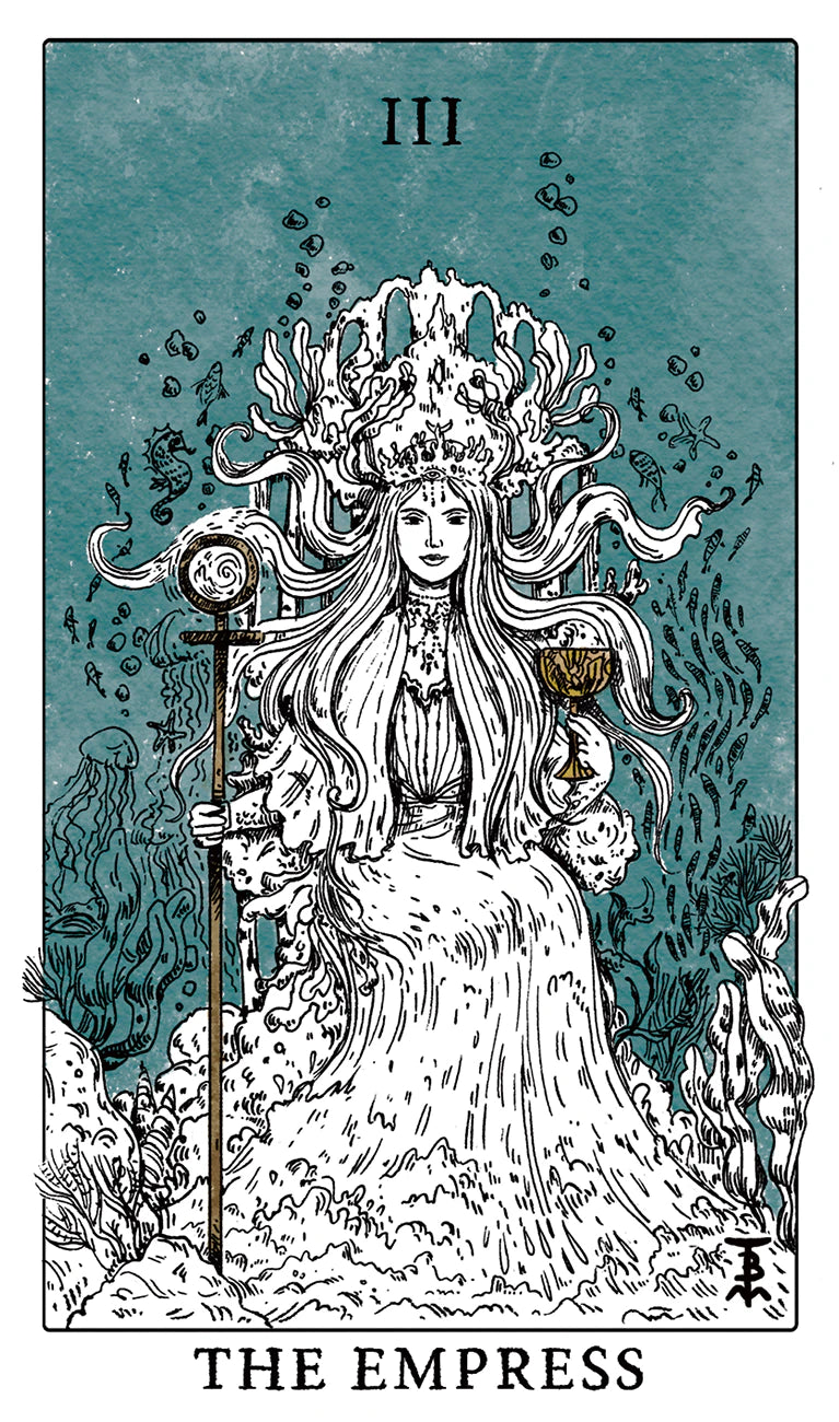 Tarot card featuring 'The Empress' with a woman in a flowing dress and long hair, holding a scepter, against a teal background.