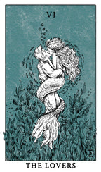 Tarot card illustration of 'The Lovers' with a mermaid and fish on a teal background.