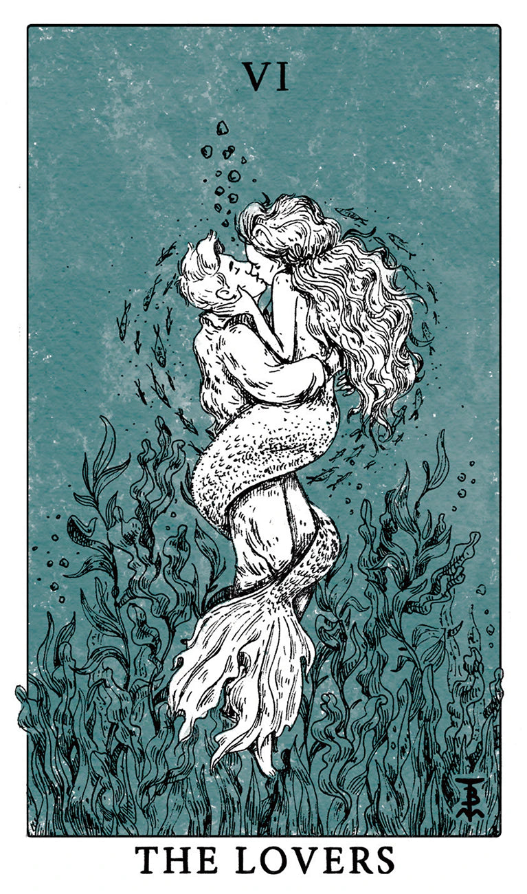 Tarot card illustration of 'The Lovers' with a mermaid and fish on a teal background.