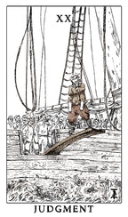 Vintage-style illustration of a tarot card titled 'Judgment' with a ship and person on a dock.