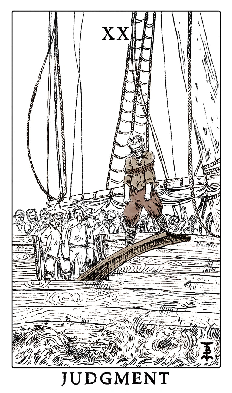 Vintage-style illustration of a tarot card titled 'Judgment' with a ship and person on a dock.