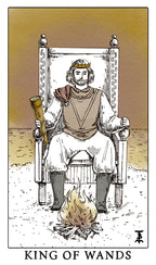King of Wands tarot card with a king sitting on a throne by a campfire.