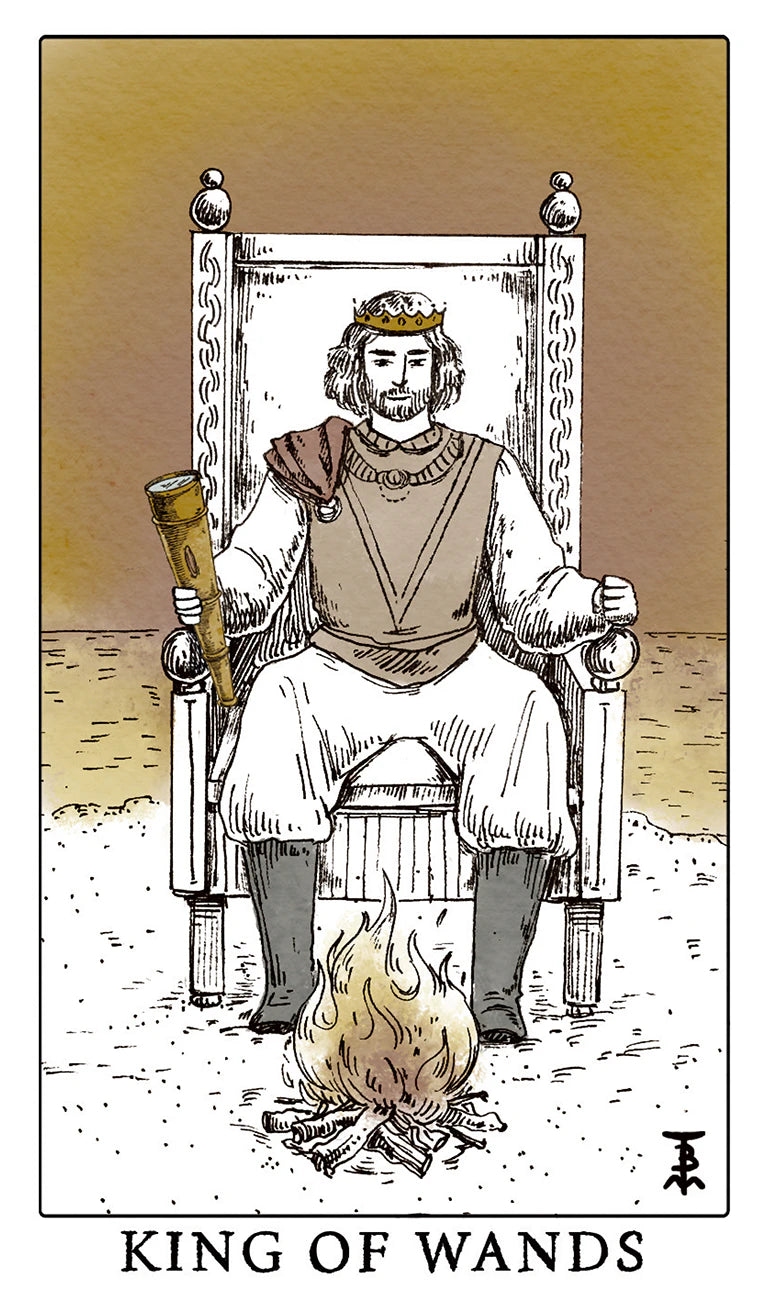 King of Wands tarot card with a king sitting on a throne by a campfire.