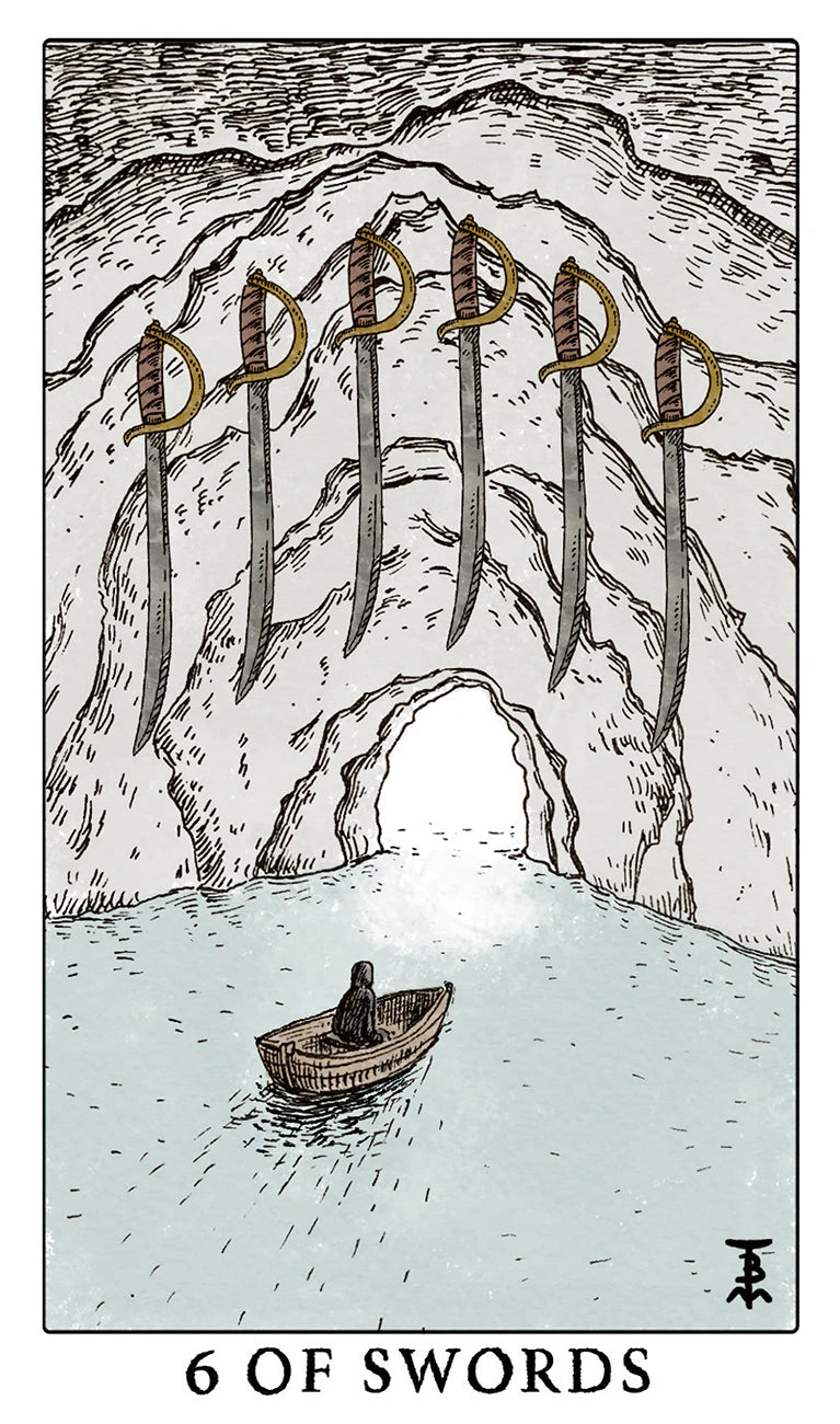 Tarot card '6 of Swords' with a person in a boat approaching a mountain with swords emerging from it.
