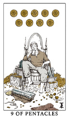 Card from a tarot deck showing a figure with gold coins labeled '9 of Pentacles'.