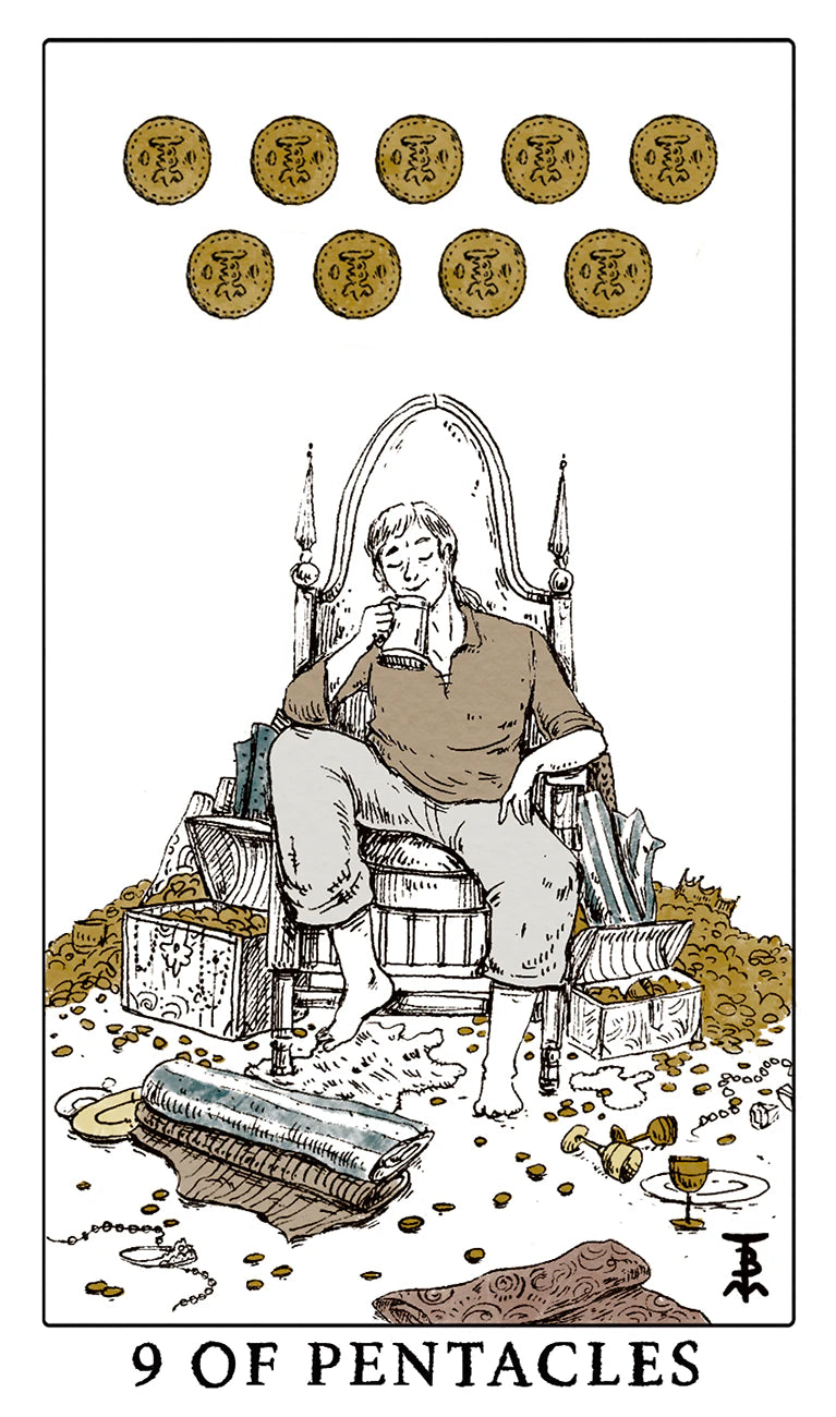 Card from a tarot deck showing a figure with gold coins labeled '9 of Pentacles'.