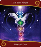 Card with a central design of two wings merging, symbolizing '3:3 Soul Merger' and 'Ebb and Flow', against a cosmic background.