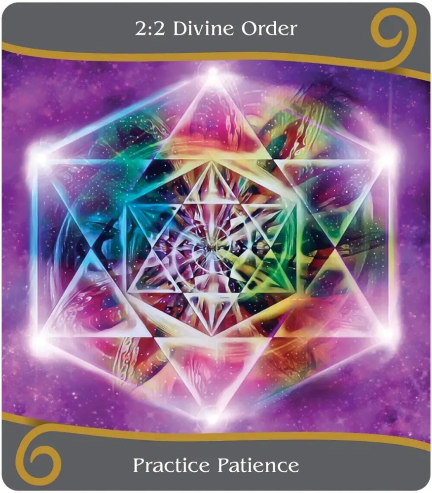 Card with a colorful geometric design and text '2:2 Divine Order' and 'Practice Patience' on a purple background.