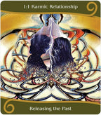 Card titled '1:1 Karmic Relationship' with two silhouetted figures and swirling patterns, featuring the text 'Releasing the Past'.
