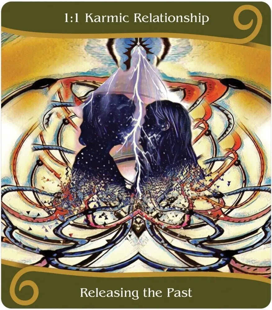 Card titled '1:1 Karmic Relationship' with two silhouetted figures and swirling patterns, featuring the text 'Releasing the Past'.