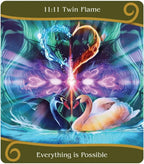 Card with two swans and a colorful flame design, labeled '11:11 Twin Flame' and 'Everything is Possible'.