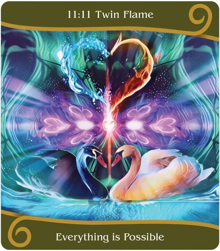 Card with two swans and a colorful flame design, labeled '11:11 Twin Flame' and 'Everything is Possible'.