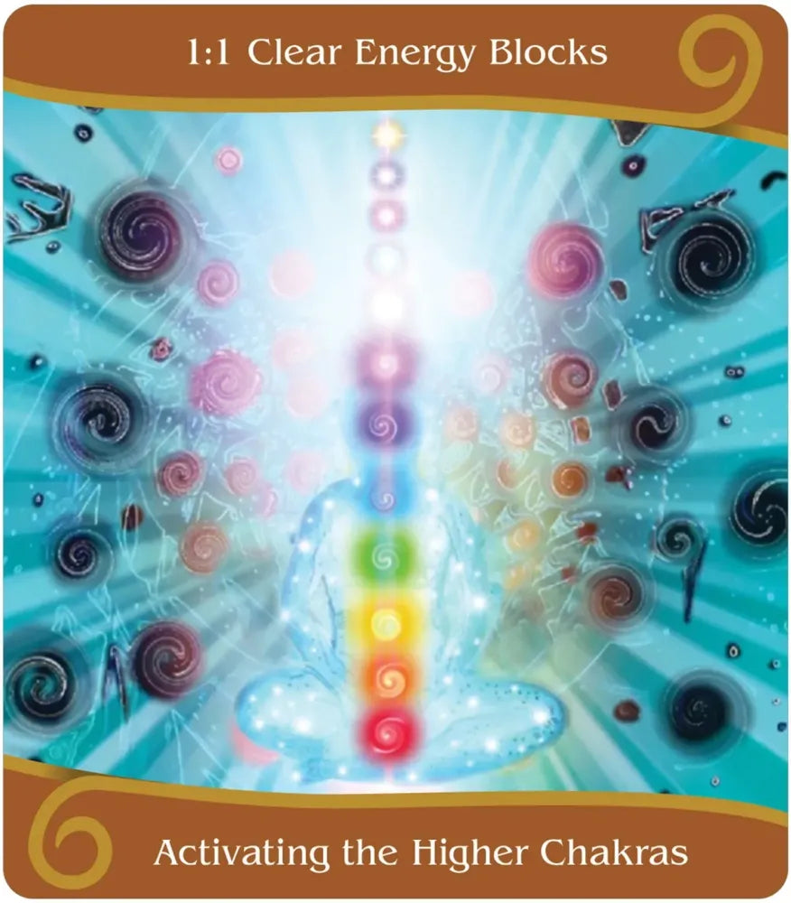 Card with colorful energy blocks and a rainbow light, labeled '1:1 Clear Energy Blocks' and 'Activating the Higher Chakras'.