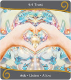 Card with hands forming a heart shape, surrounded by butterflies and lights, with text '4:4 Trust' and 'Ask, Listen, Allow'.