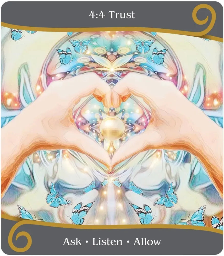 Card with hands forming a heart shape, surrounded by butterflies and lights, with text '4:4 Trust' and 'Ask, Listen, Allow'.
