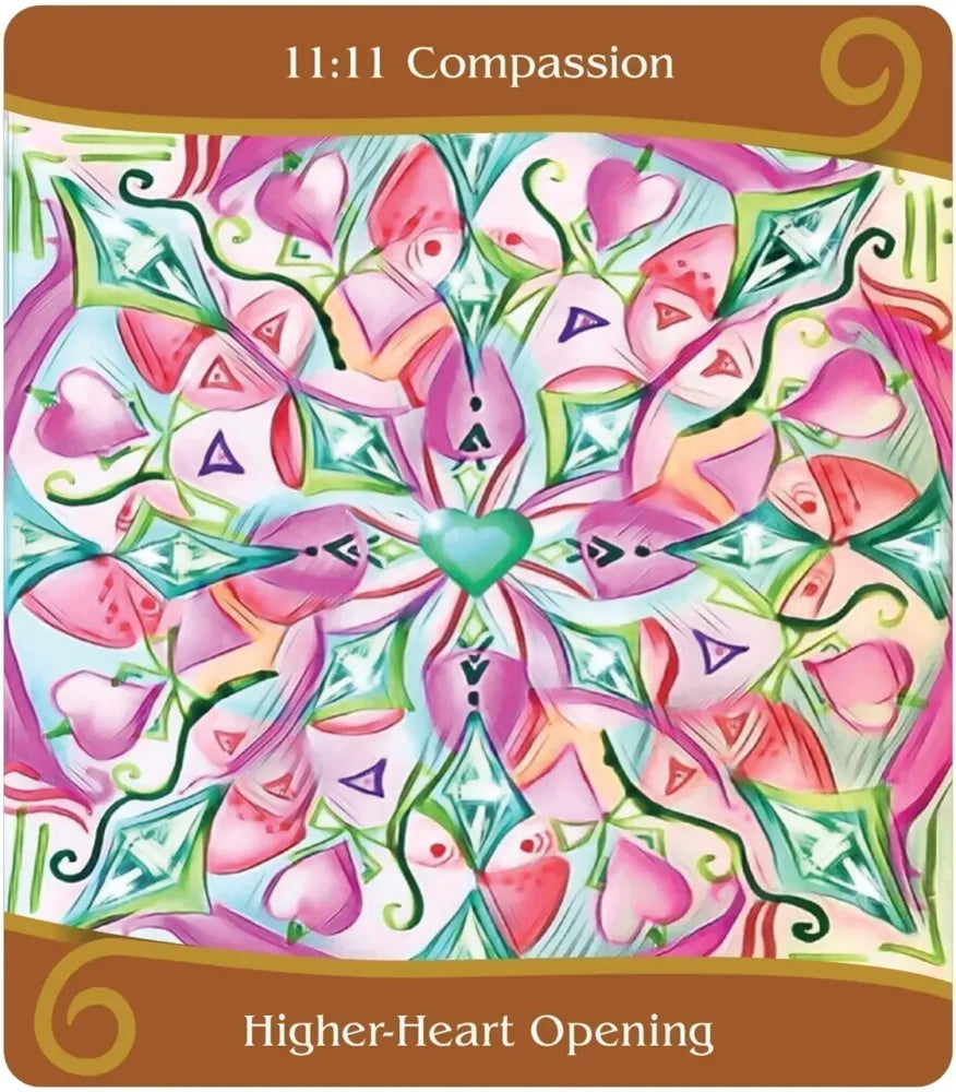 Colorful card with abstract design and text '11:11 Compassion' and 'Higher-Heart Opening'.