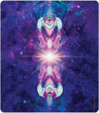 Sacred geometry design with angelic figures and a bright light source against a cosmic background.