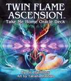 Cover of 'Twin Flame Ascension' Oracle Deck with two swans and a colorful energy field.