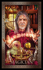 Magician tarot card with mystical elements and text
