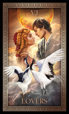 Framed artwork of a couple with cranes and celestial elements, titled 'Lovers'.