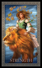 Tarot card featuring a woman riding a lion with decorative elements and 'Strength' text.