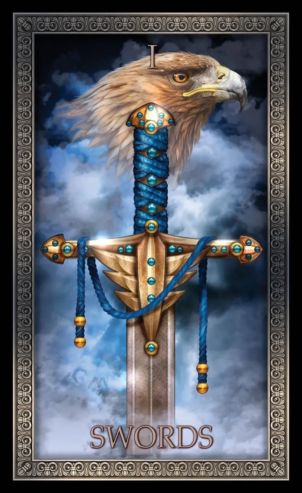 Sword with eagle head and blue cord against a cloudy sky background, labeled 'SWORDS'.