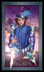 Character in elaborate purple armor with birds, holding a sword, against a mystical sky.