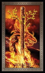 Magical staff with dragon design and flames, framed as a tarot card, labeled 'Wands'.