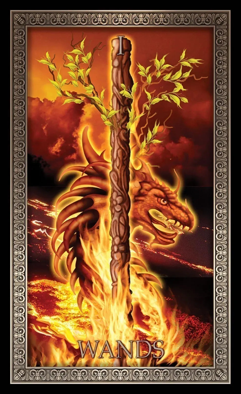 Magical staff with dragon design and flames, framed as a tarot card, labeled 'Wands'.