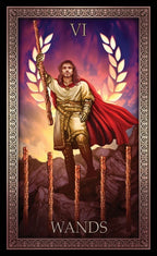 Tarot card featuring a warrior with a red cape and spear, labeled 'Wands VI'.