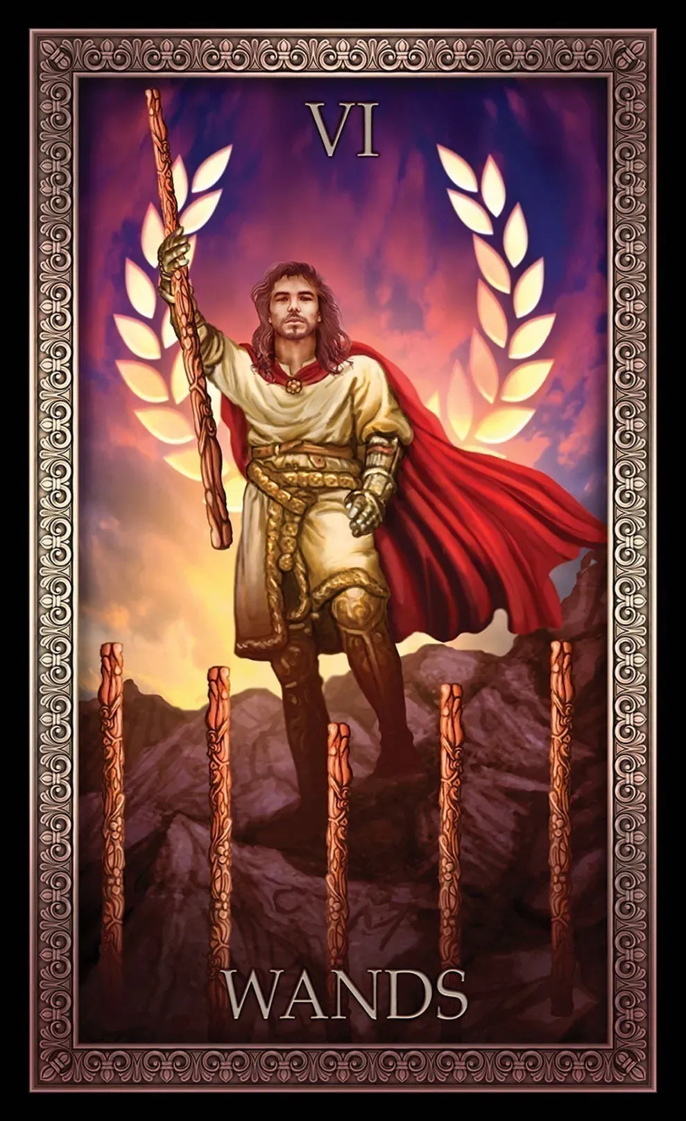 Tarot card featuring a warrior with a red cape and spear, labeled 'Wands VI'.