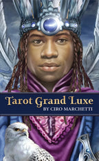 Card from Tarot Grand Luxe by Ciro Marchetti with a person wearing a headdress and a bird on a blue background.