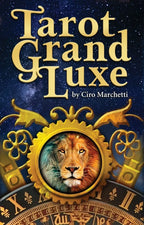 Book cover of 'Tarot Grand Luxe' with a lion's face and starry night background