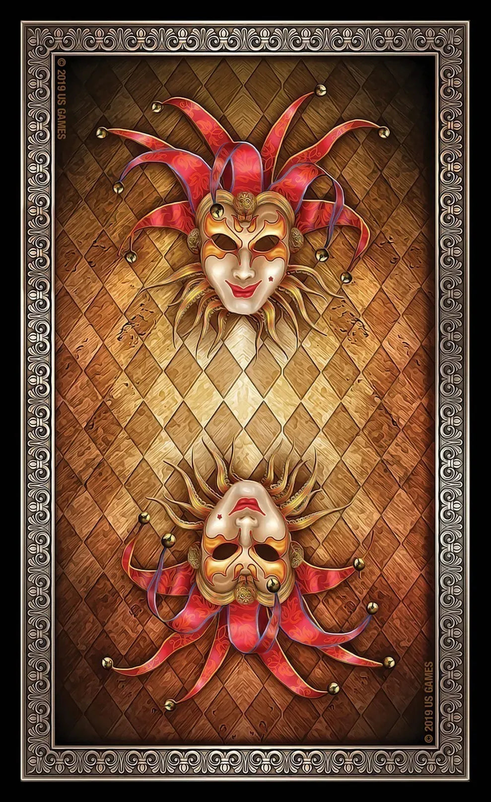 Decorative wall art with two ornate masks on a textured brown background.
