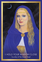 Cartoon of a woman in a blue cloak with a gold emblem, set against a dark background with a crescent moon.