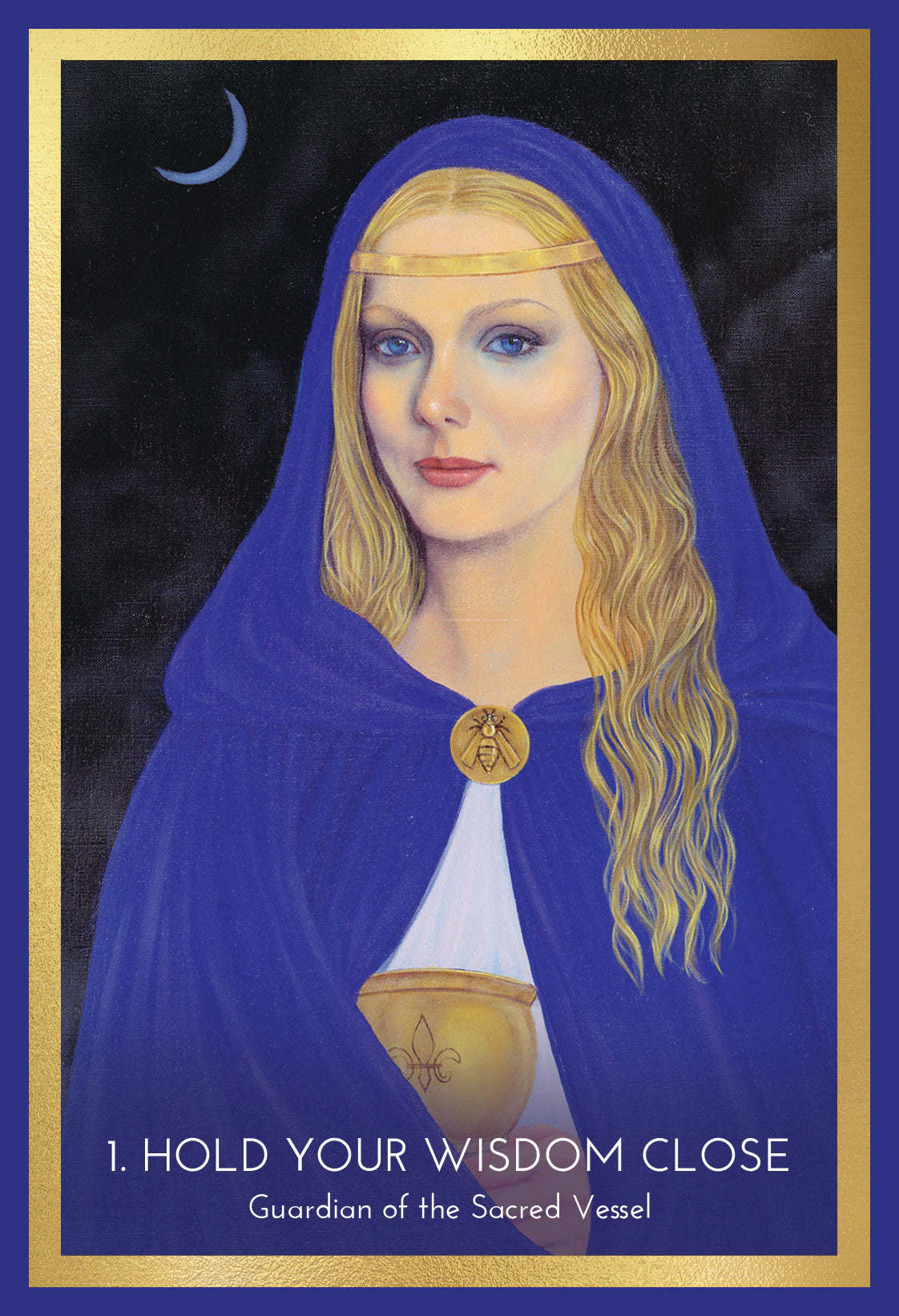 Cartoon of a woman in a blue cloak with a gold emblem, set against a dark background with a crescent moon.