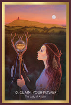 Illustration of a woman holding a staff with a sphere, set against a landscape with a hill and moon.