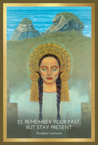 Artistic depiction of a woman with braided hair and a stone archway, with text '23. Remember your past, but stay present' and 'Awaken Lemuria'.
